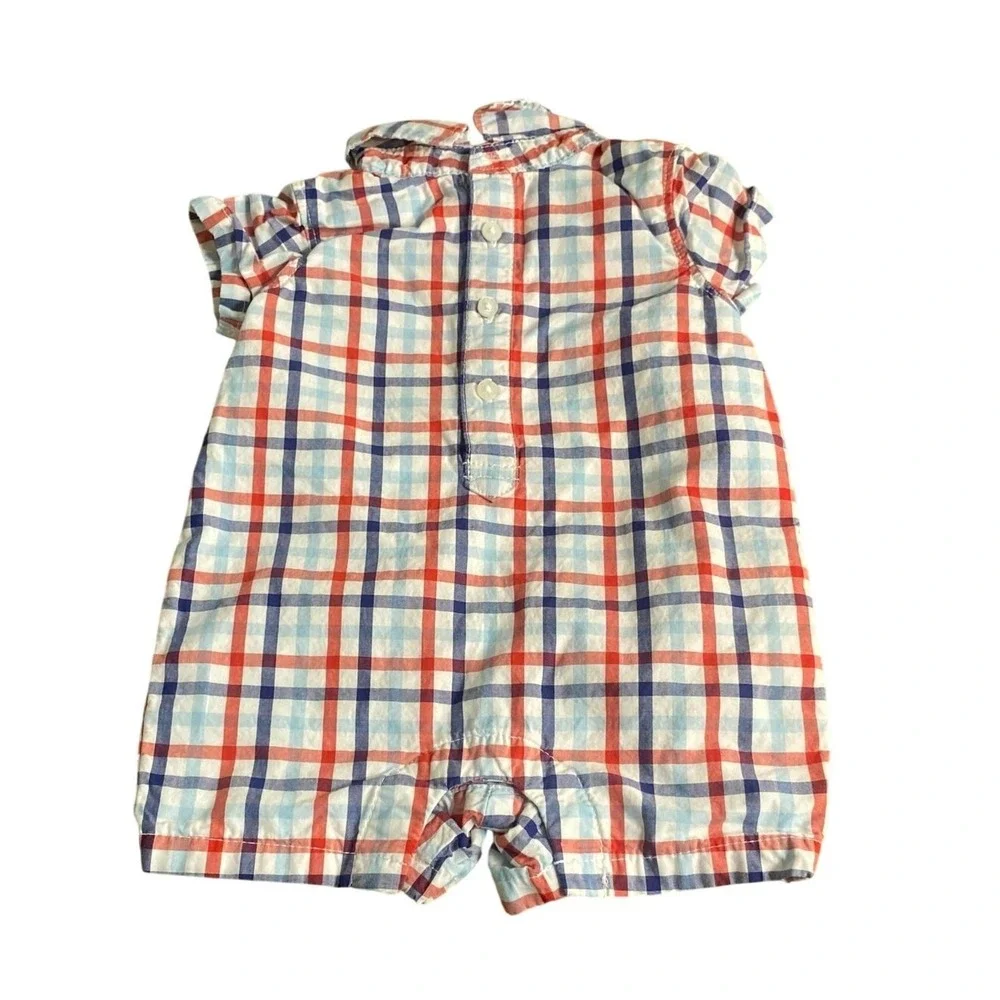 Janie and Jack blue red checkered short sleeve collar shorts one piece SIZE 0-3M